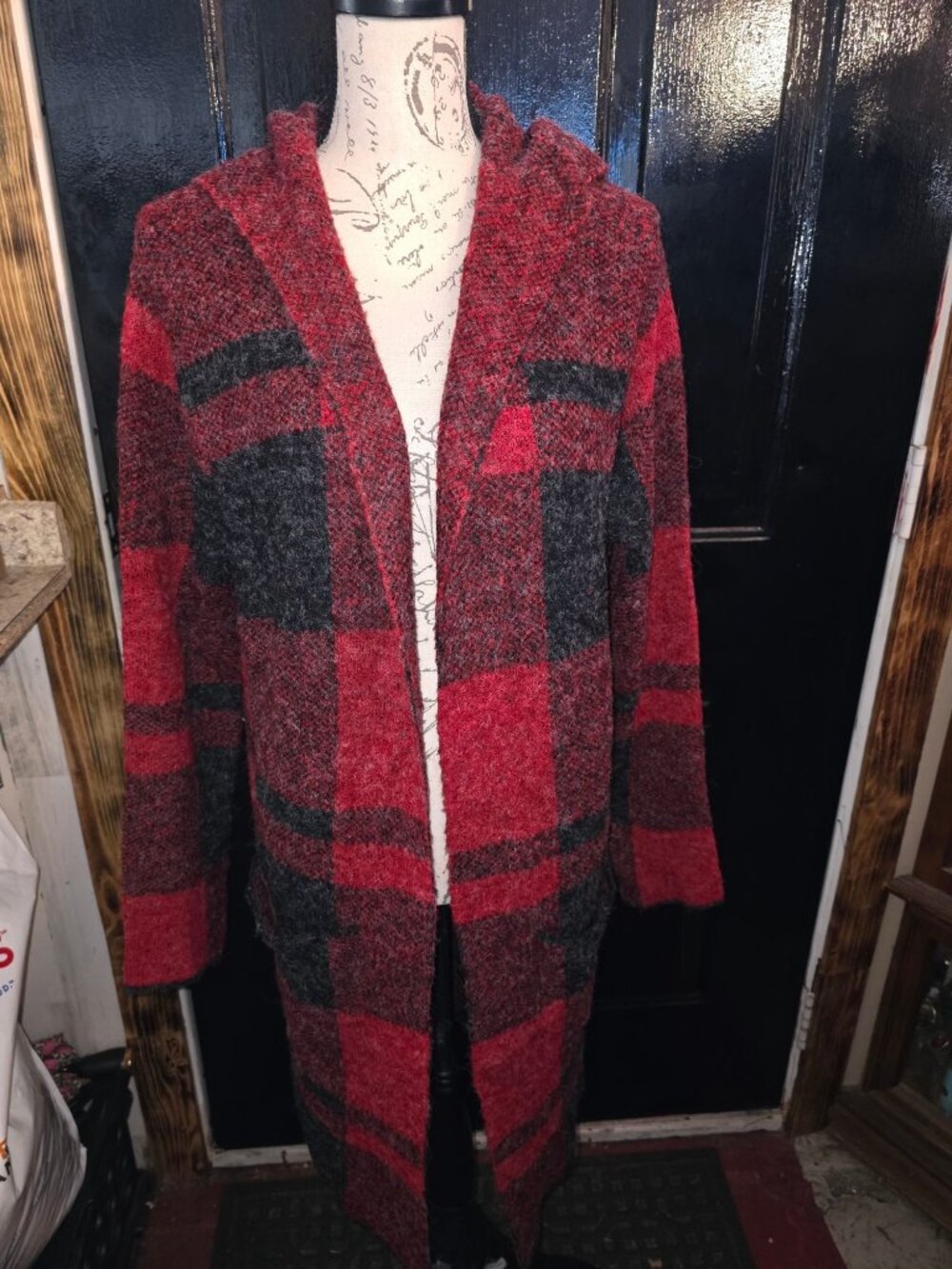 Plaid Red & Black Hooded Open Sweater Cardigan Coat By Natural Reflections - Siz